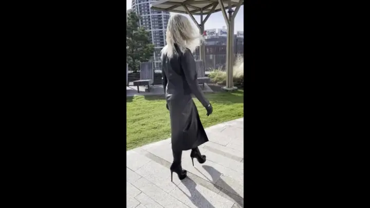 Leather Love – Katya Walking Outdoors In Three Leather Outfits